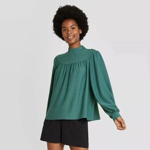 A.New Day™ Women's Long Sleeve Green/Teal Blouse L